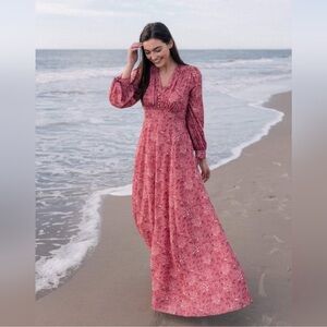 Gal Meets Glam Florence Pink Floral Maxi Dress Sz 4 Romantic Tie Cuff Gown